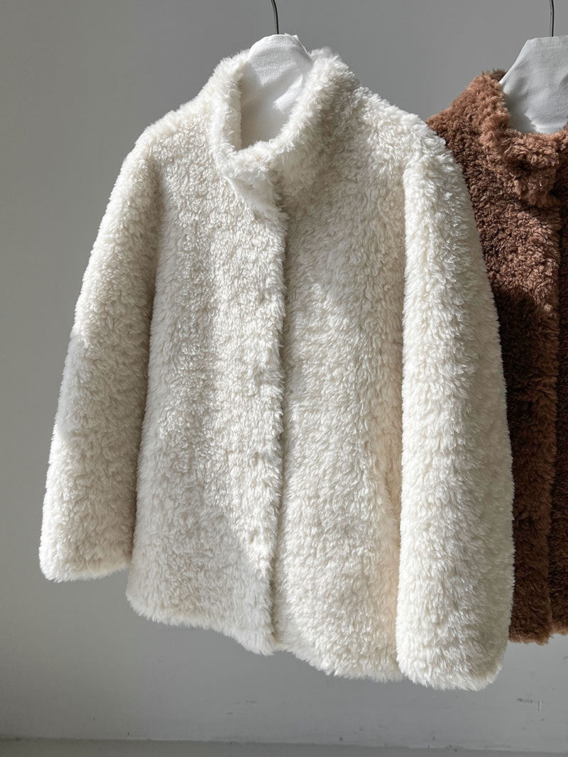 美拉德立領羊羔毛皮毛一體外套大衣-2色