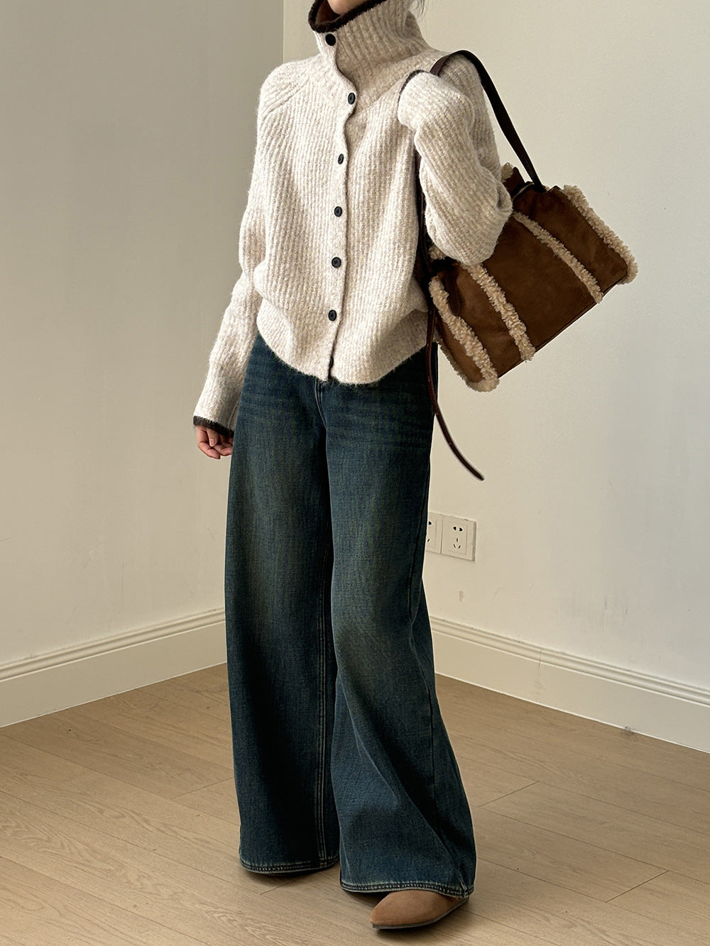 (48H出貨)韓系慵懶撞色翻領單排扣毛衣開衫外套-4色