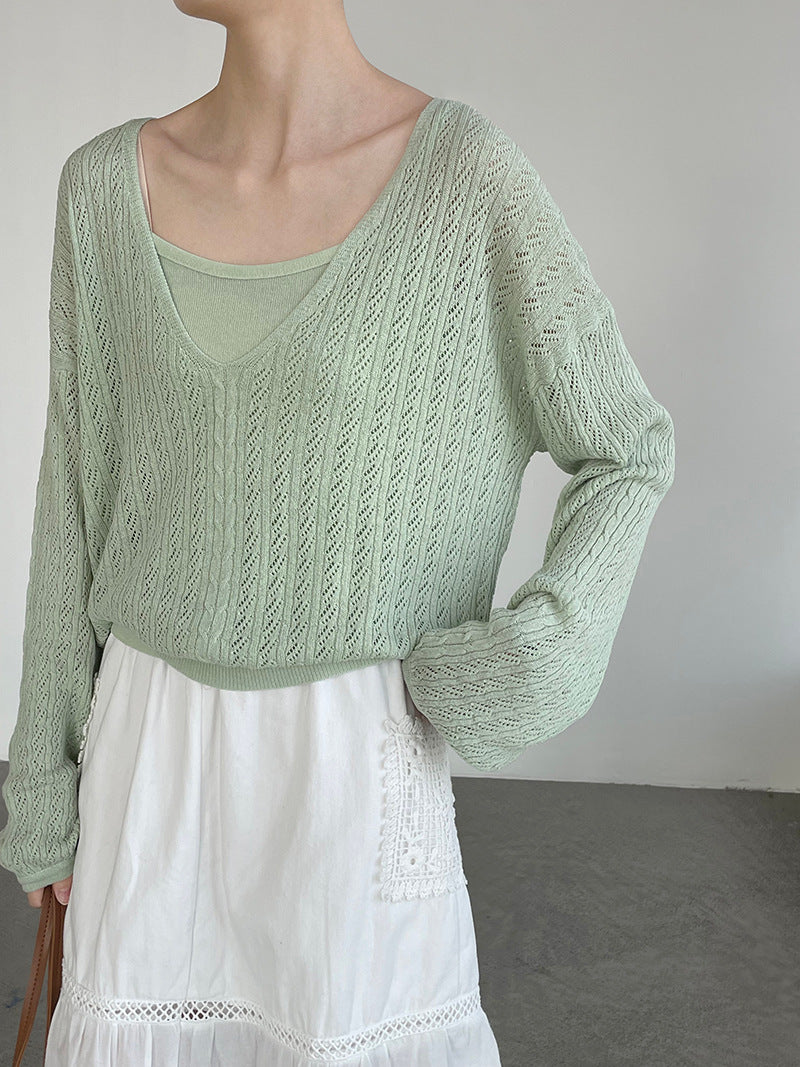 韓系鏤空V領防曬針織罩衫+吊帶上衣-兩件式套裝-4色