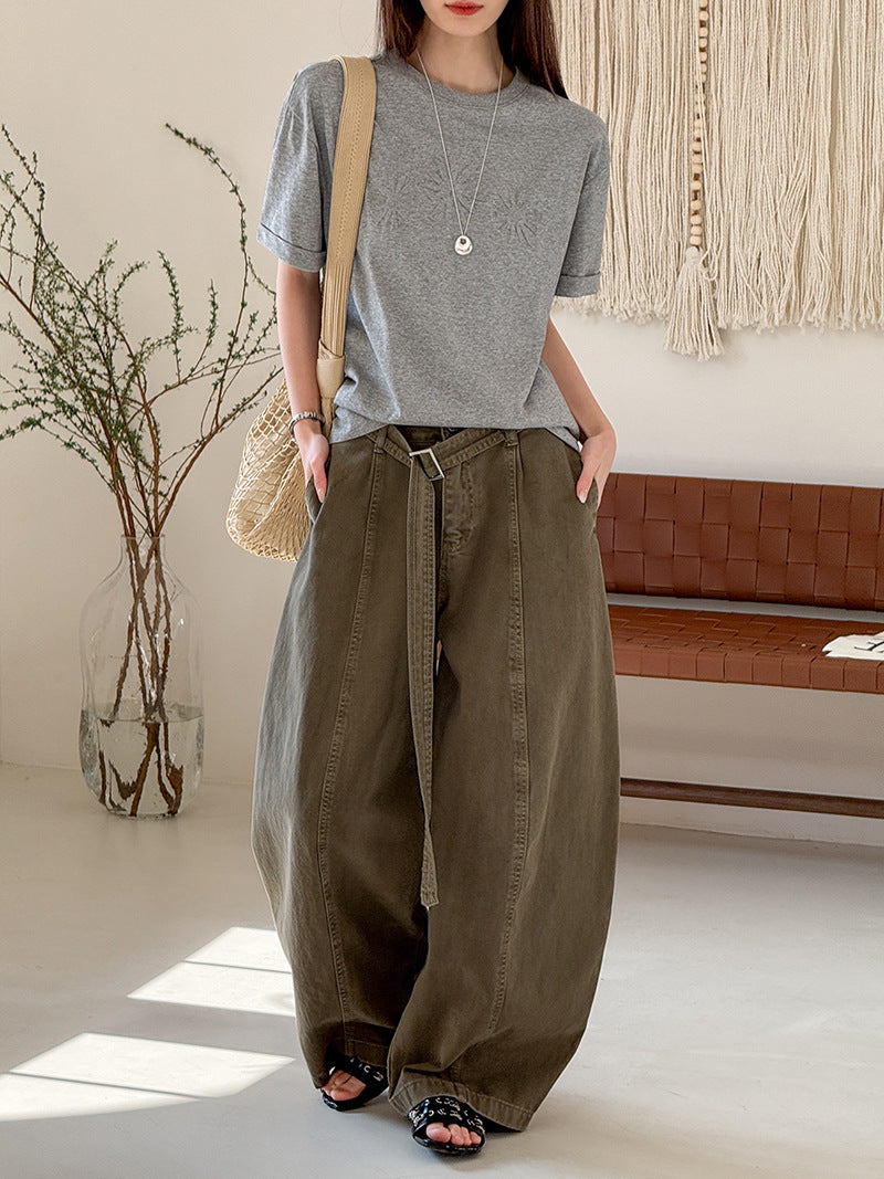 韓系復古高腰寬鬆顯瘦闊腿牛仔褲+腰帶-3色