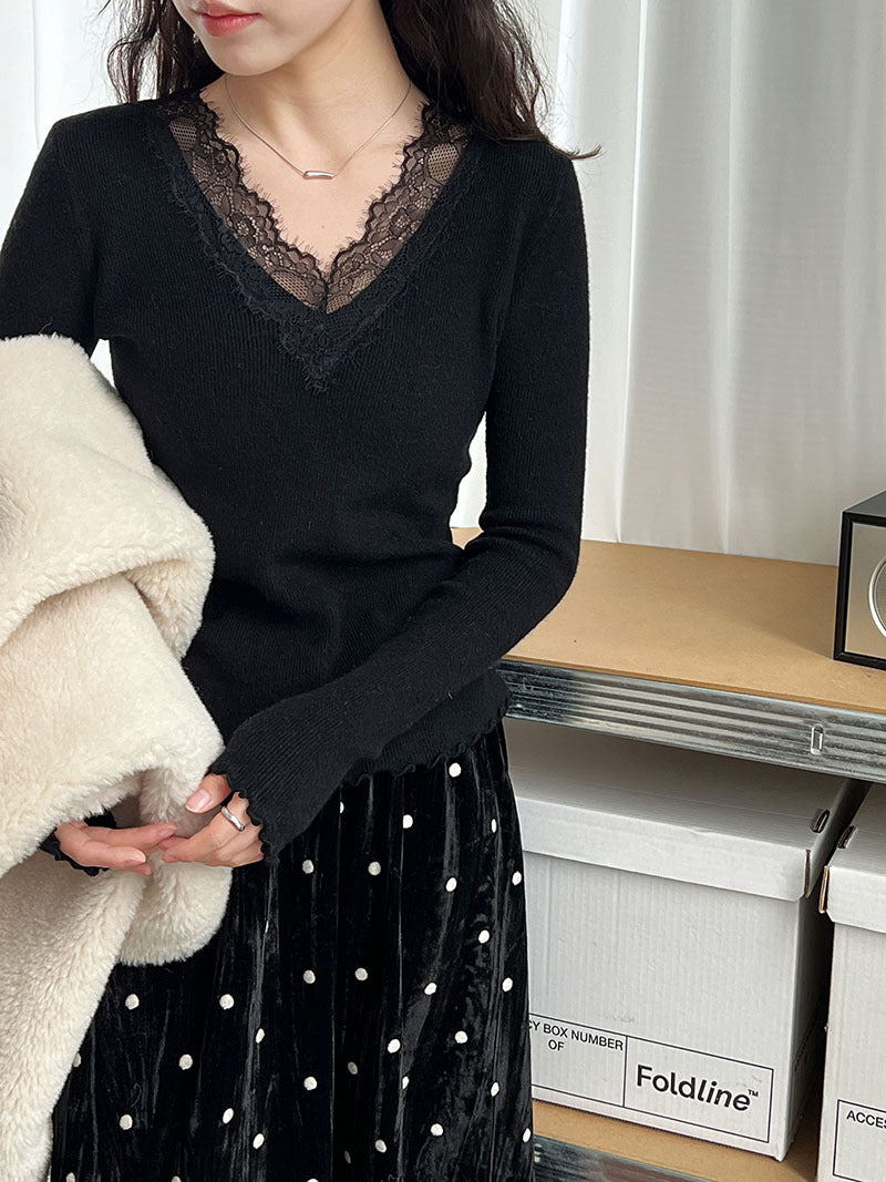 法式修身氣質蕾絲V領顯瘦內搭針織上衣-3色