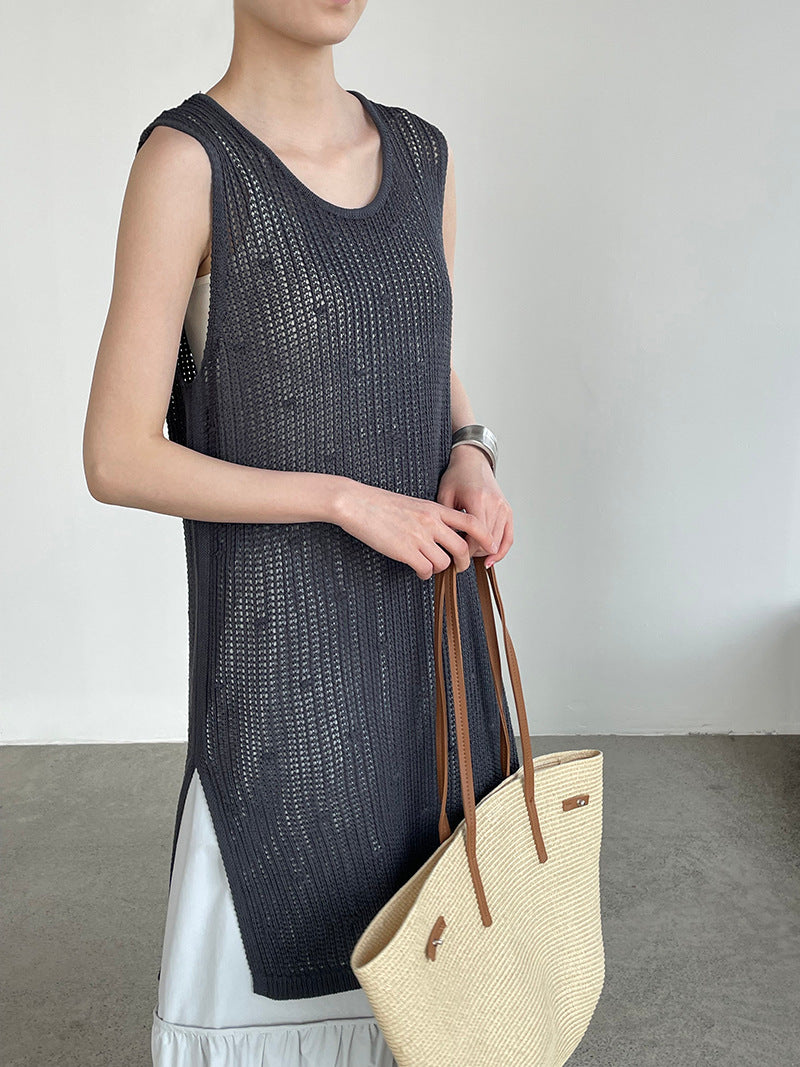 韓系側開叉圓領疊穿鏤空中長背心連身裙-4色