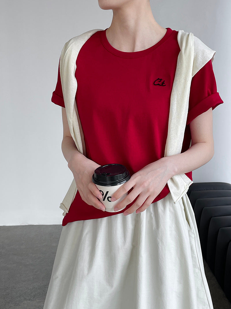 韓系正肩短款cat百搭休閒短袖T恤-2色