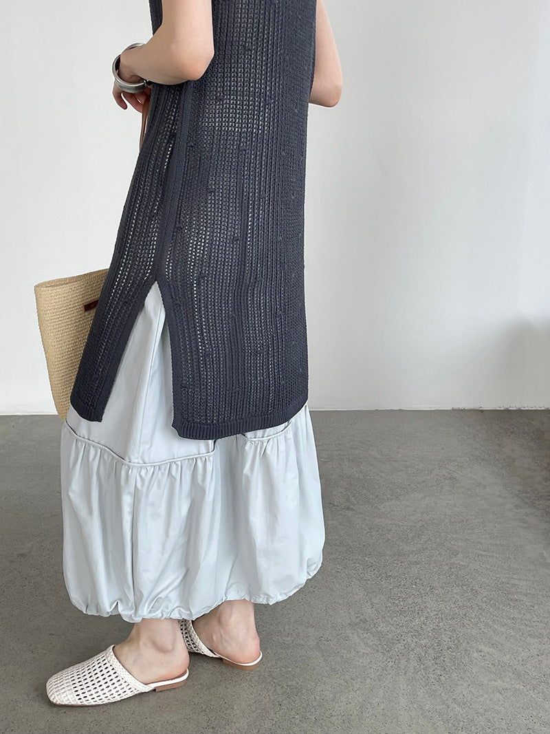 韓系側開叉圓領疊穿鏤空中長背心連身裙-4色