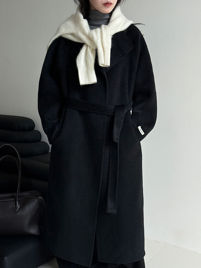 韓版慵懶斜扣領長款雙面呢羊毛大衣外套-3色