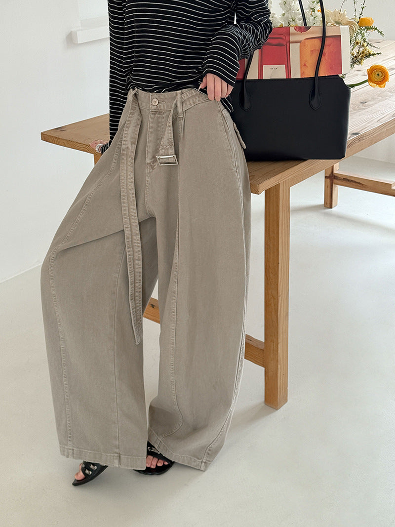 韓系復古高腰寬鬆顯瘦闊腿牛仔褲+腰帶-3色