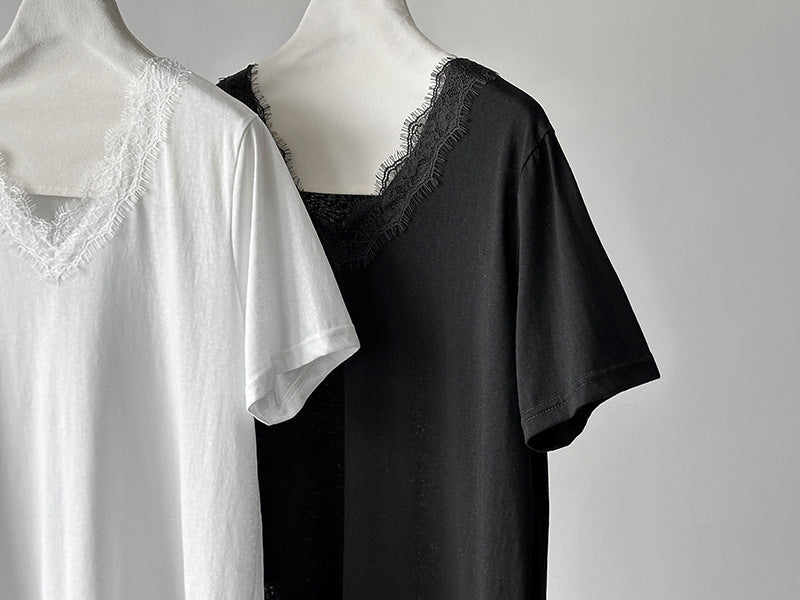 韓系不規則中長款疊穿蕾絲花邊短袖背心上衣-2色