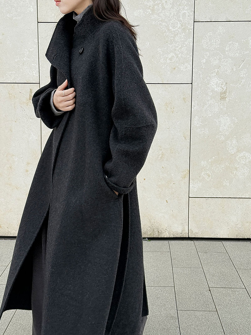 韓版慵懶斜扣領長款雙面呢羊毛大衣外套-3色