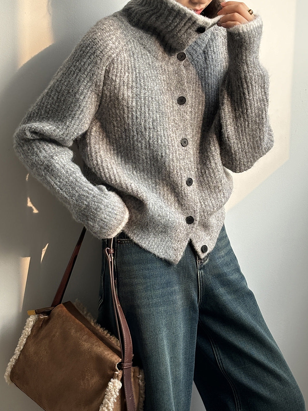 (48H出貨)韓系慵懶撞色翻領單排扣毛衣開衫外套-4色