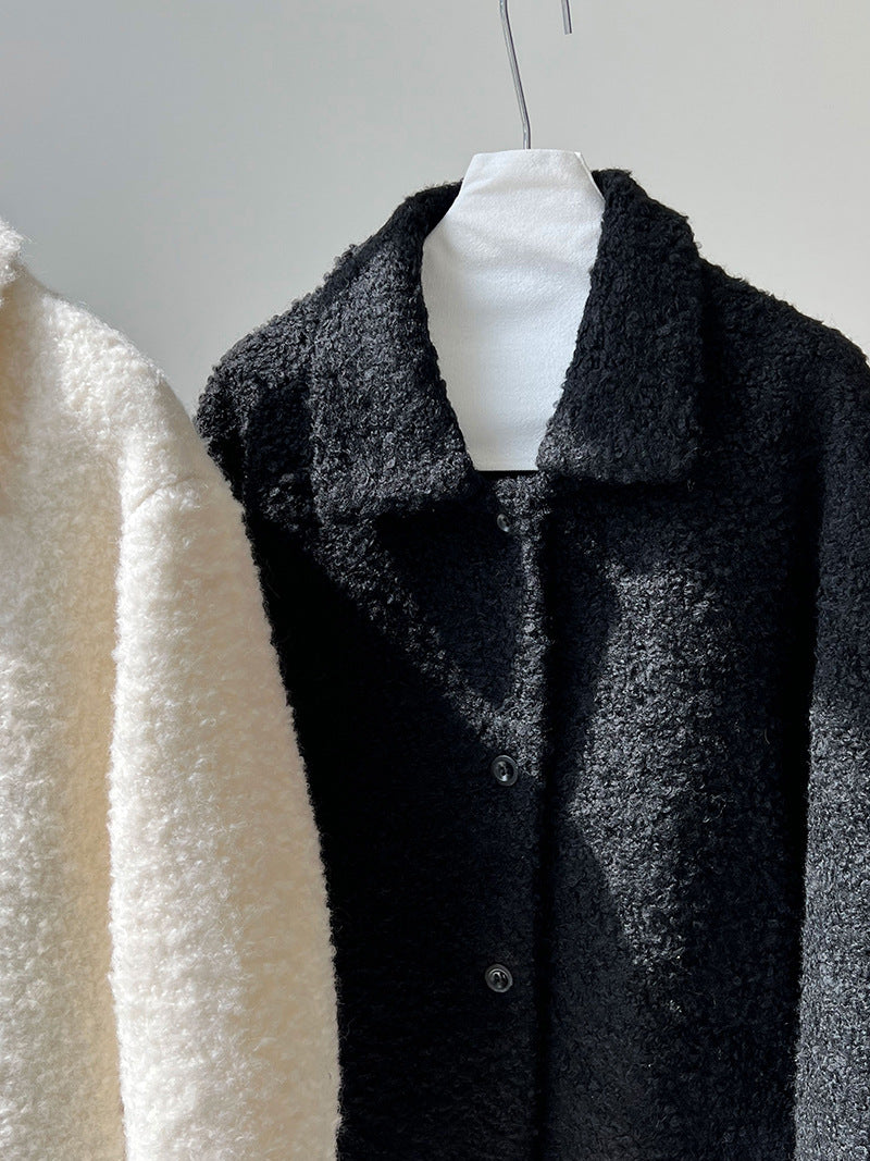 韓版單排扣短款羊羔毛翻領外套-2色