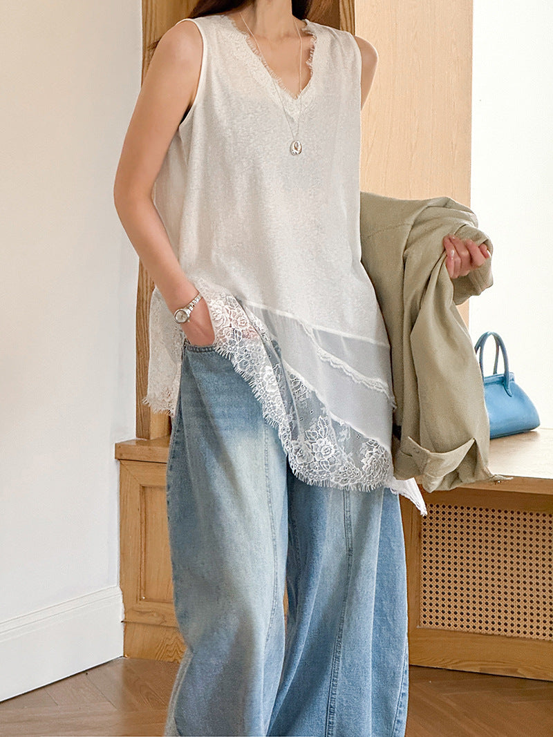 韓系優雅白月光網紗拼接透視針織打底衫-2色