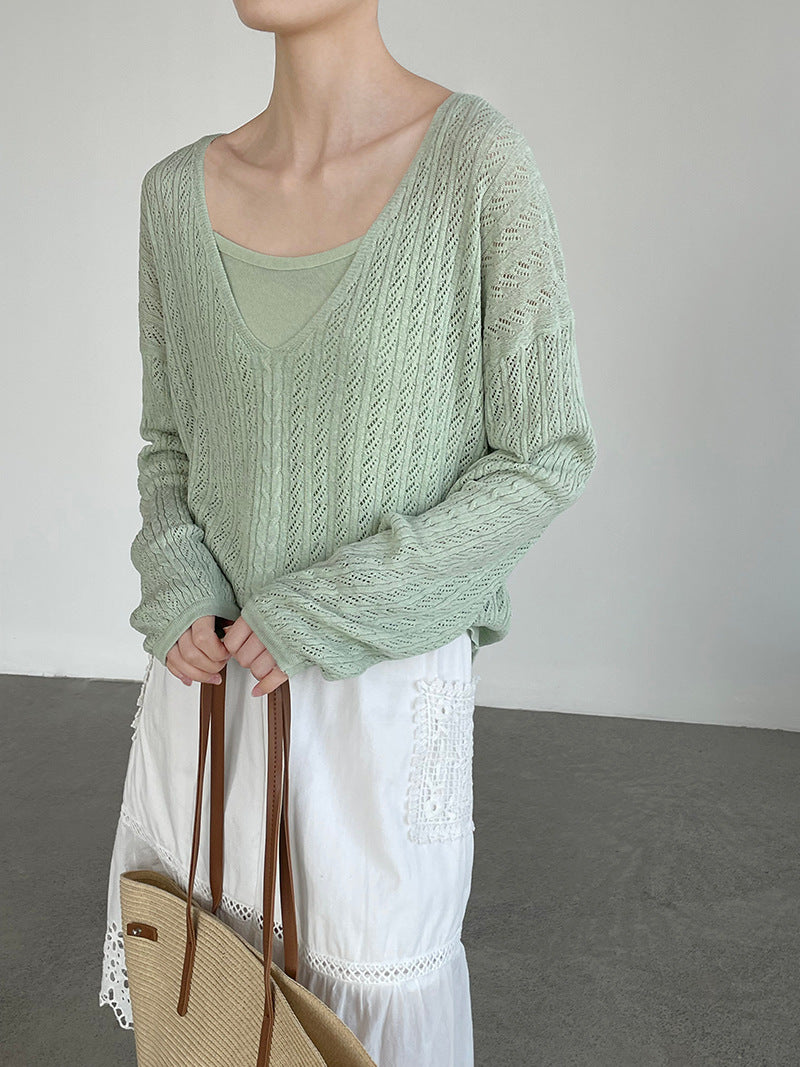 韓系鏤空V領防曬針織罩衫+吊帶上衣-兩件式套裝-4色