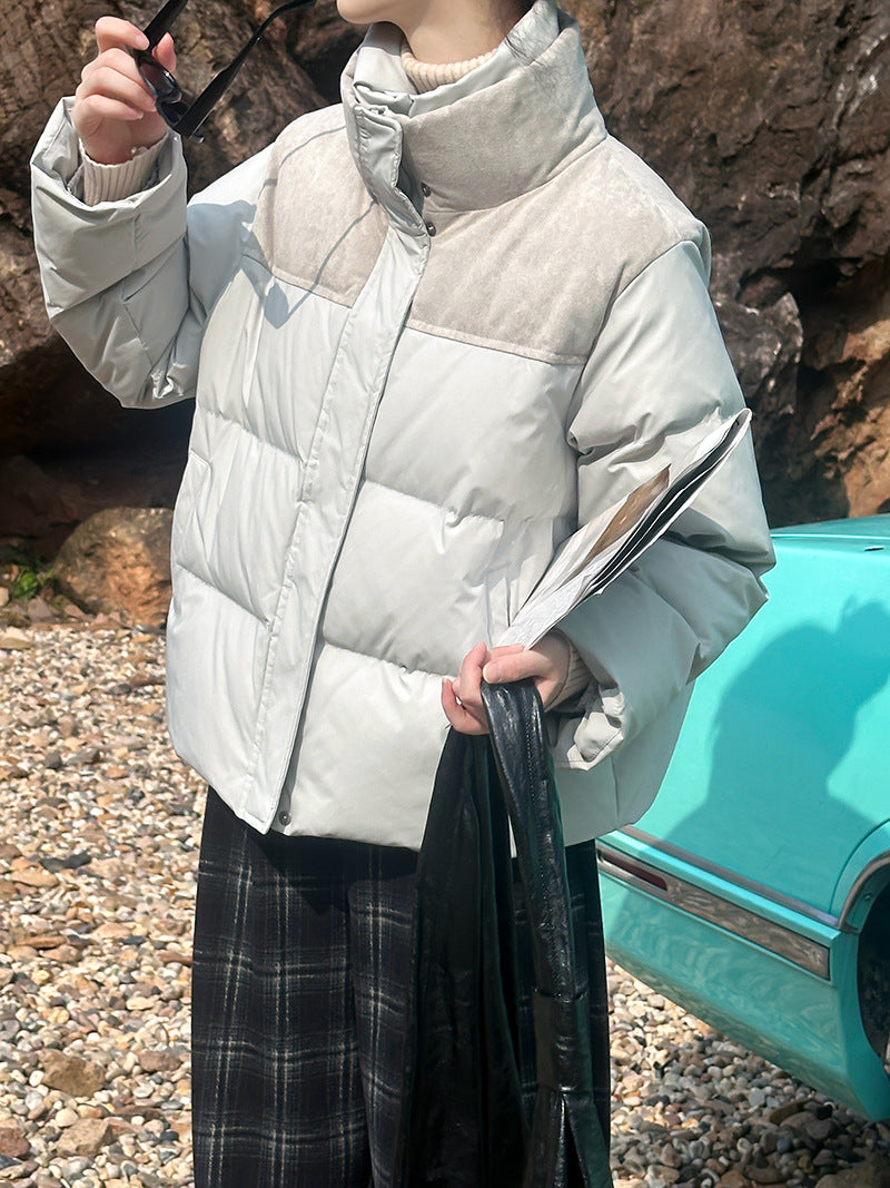(48H出貨)韓系純色拼接立領保暖白鴨絨外套