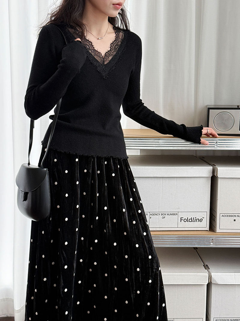 法式修身氣質蕾絲V領顯瘦內搭針織上衣-3色