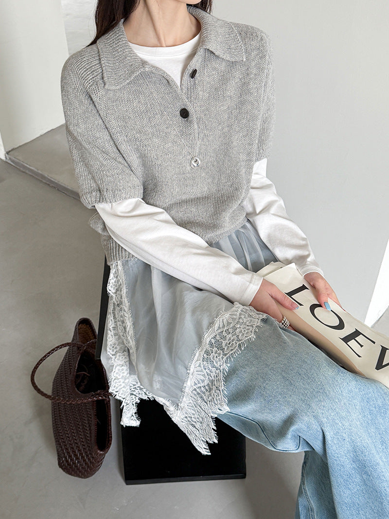 韓系氣質疊穿簡約Polo領針織顯瘦短袖毛衣-3色