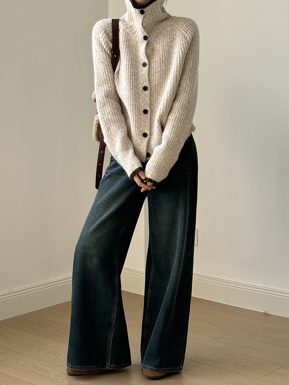 (48H出貨)韓系慵懶撞色翻領單排扣毛衣開衫外套-4色