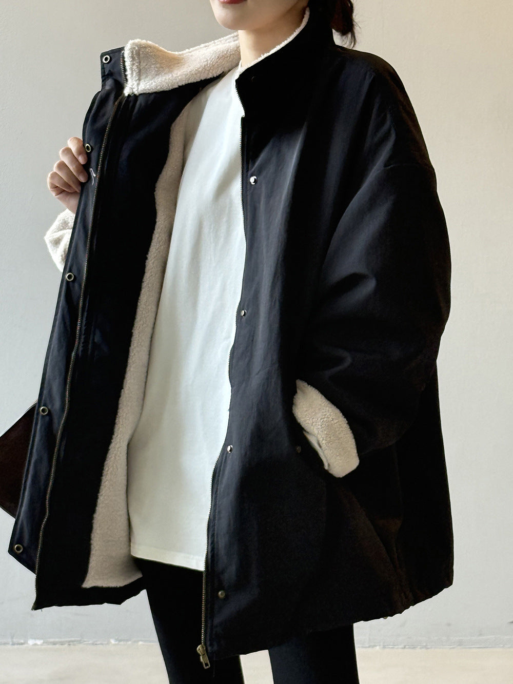 韓系設計感立領羊羔毛工裝保暖派克外套-2色