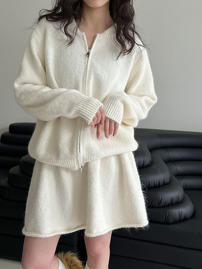 韓系軟糯休閒針織毛衣+卷邊A字短裙-兩件式套裝-3色