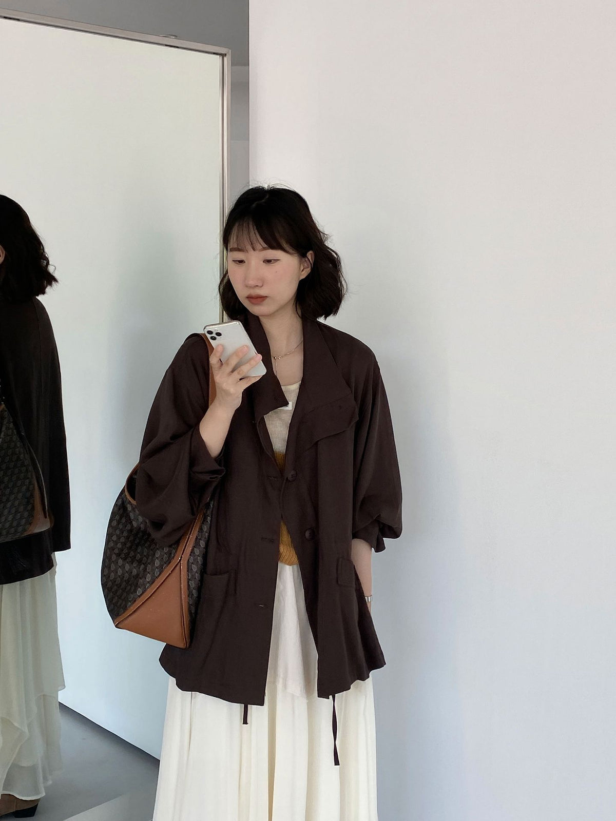 松系美學老錢風廓形蝙蝠袖亞麻風衣