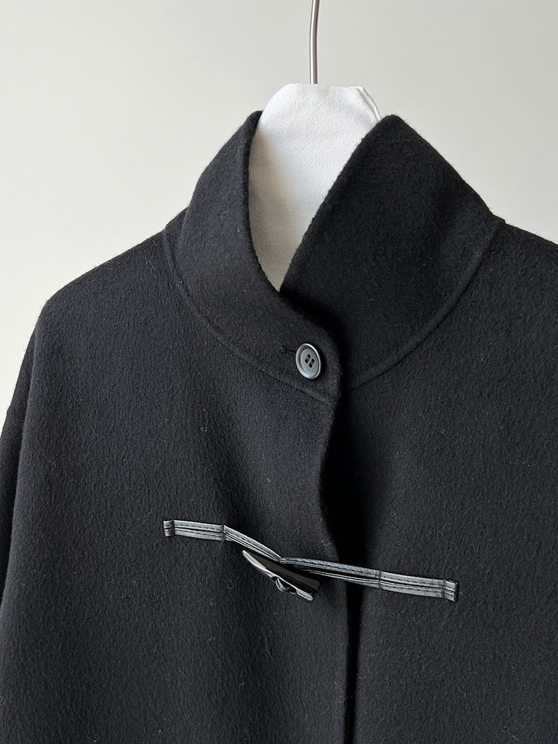 復古立領牛角扣羊毛雙面毛呢大衣外套