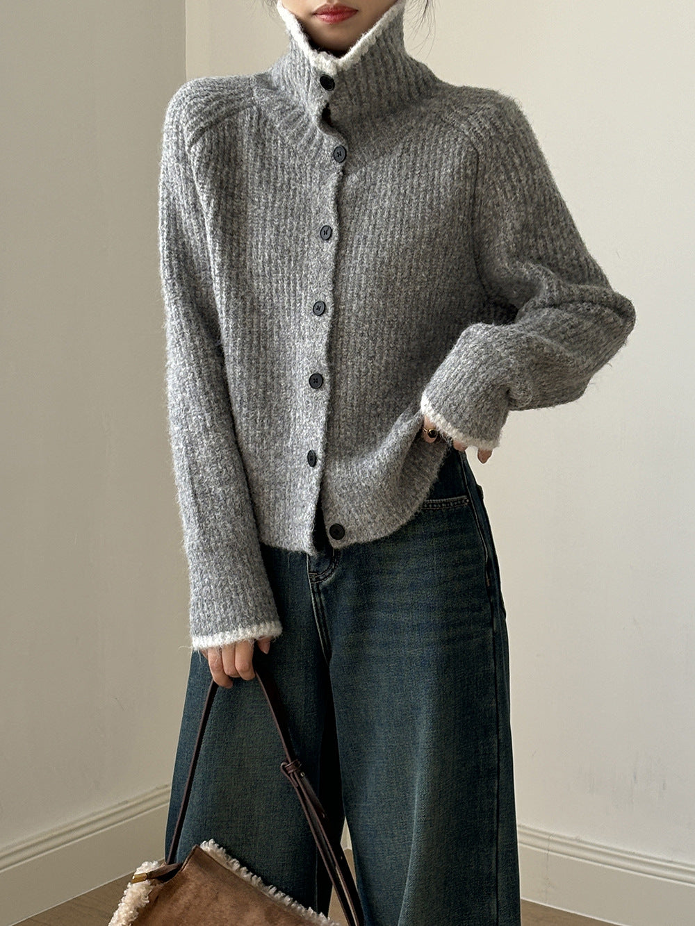 (48H出貨)韓系慵懶撞色翻領單排扣毛衣開衫外套-4色