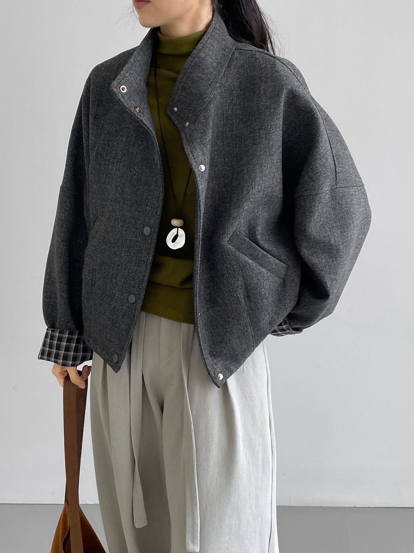 韓系復古羊毛立領格紋拼接外套-2色