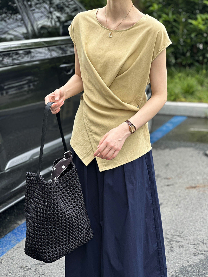 (48H出貨)棉麻別緻不規則交叉飛飛袖小衫-3色