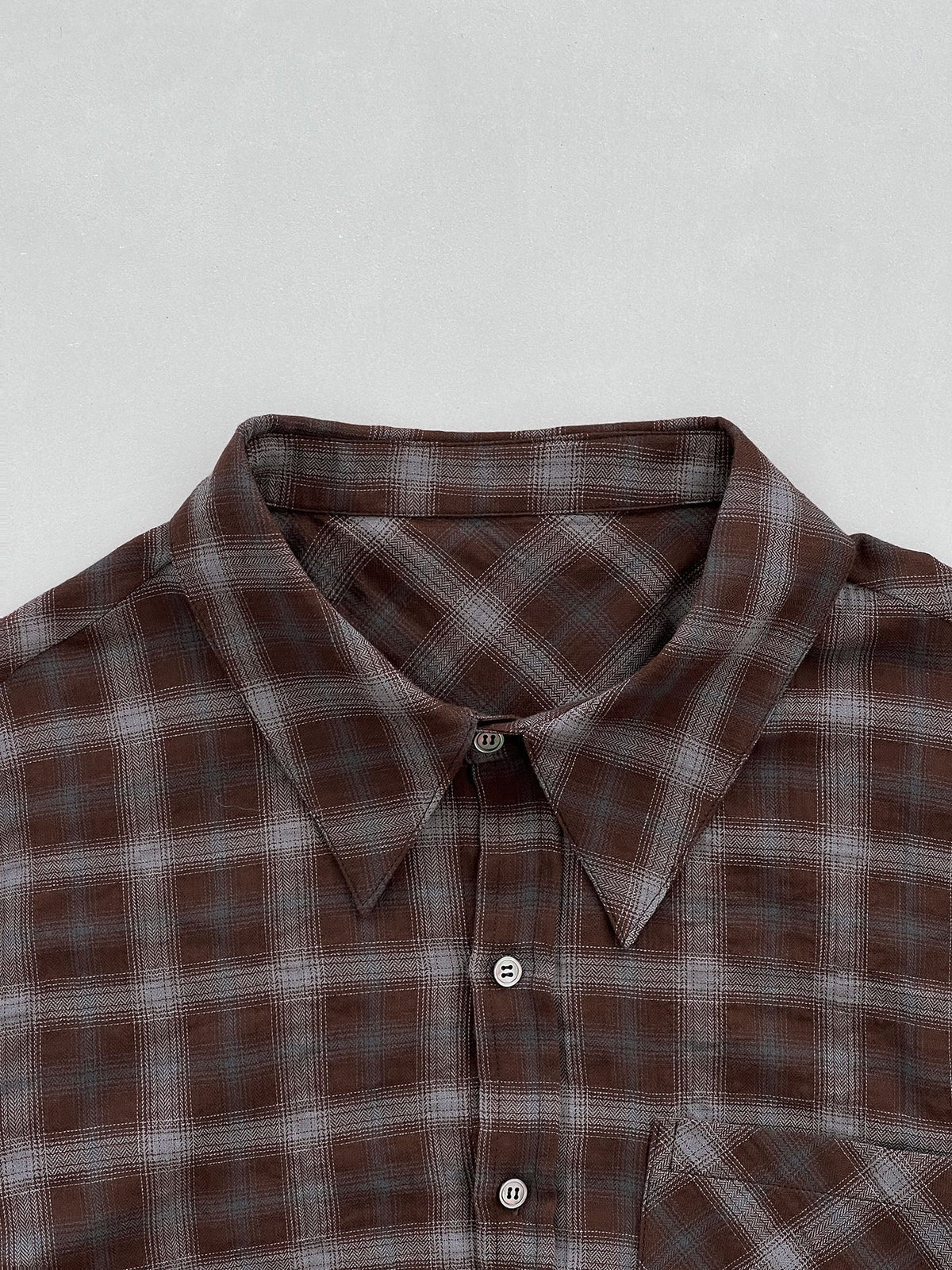 復古撞色格紋褶皺肌理棉長袖襯衫-2色