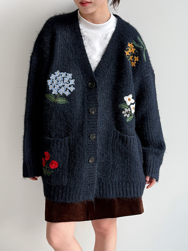 韓系復古軟糯花卉刺繡針織開衫外套-4色