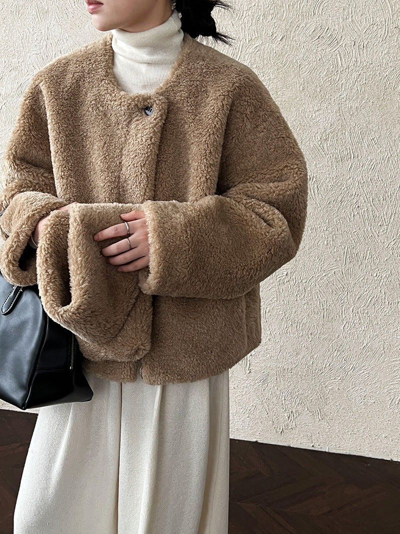 保暖毛絨皮草羊羔毛外套+圍巾-2色