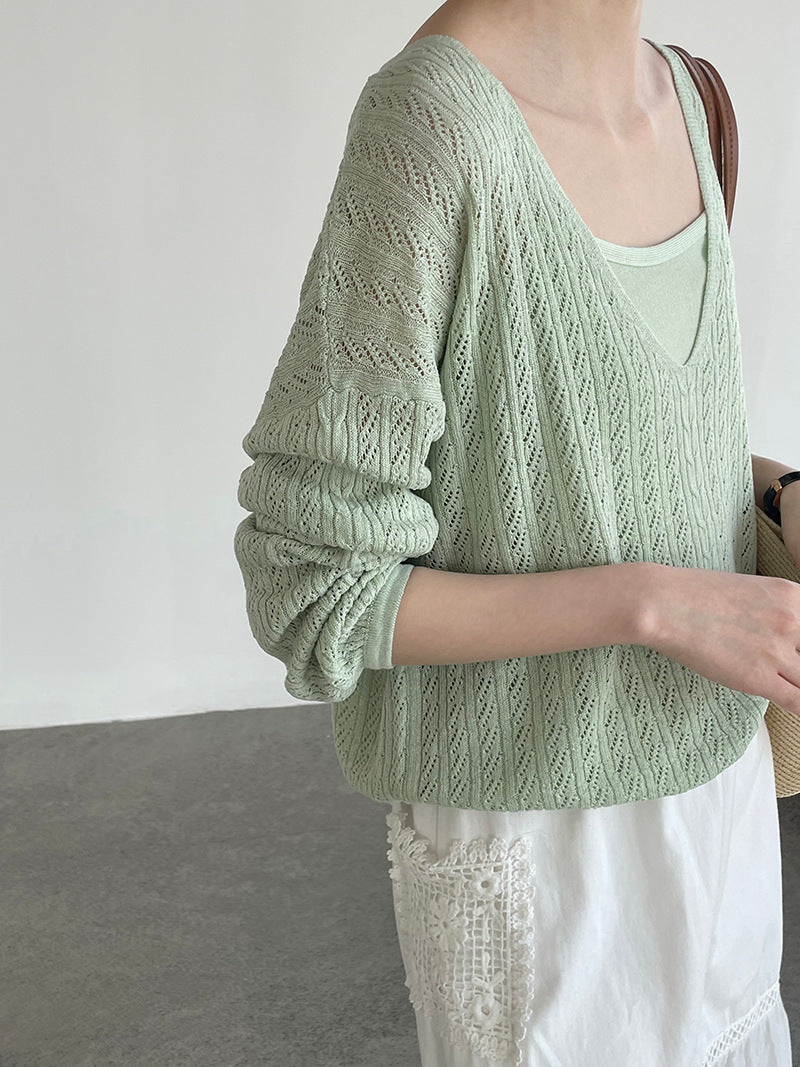 韓系鏤空V領防曬針織罩衫+吊帶上衣-兩件式套裝-4色