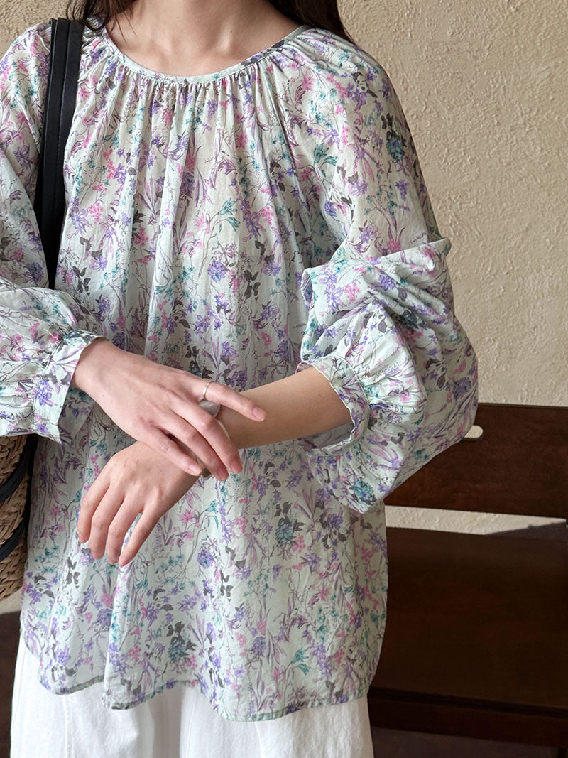 韓系碎花寬鬆圓領綁帶襯衫