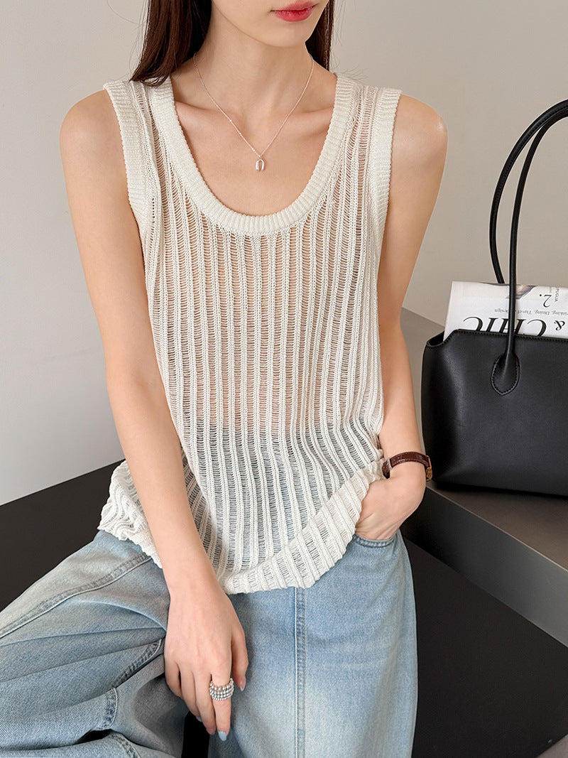 韓系小衆圓領鏤空修身顯瘦無袖背心-3色