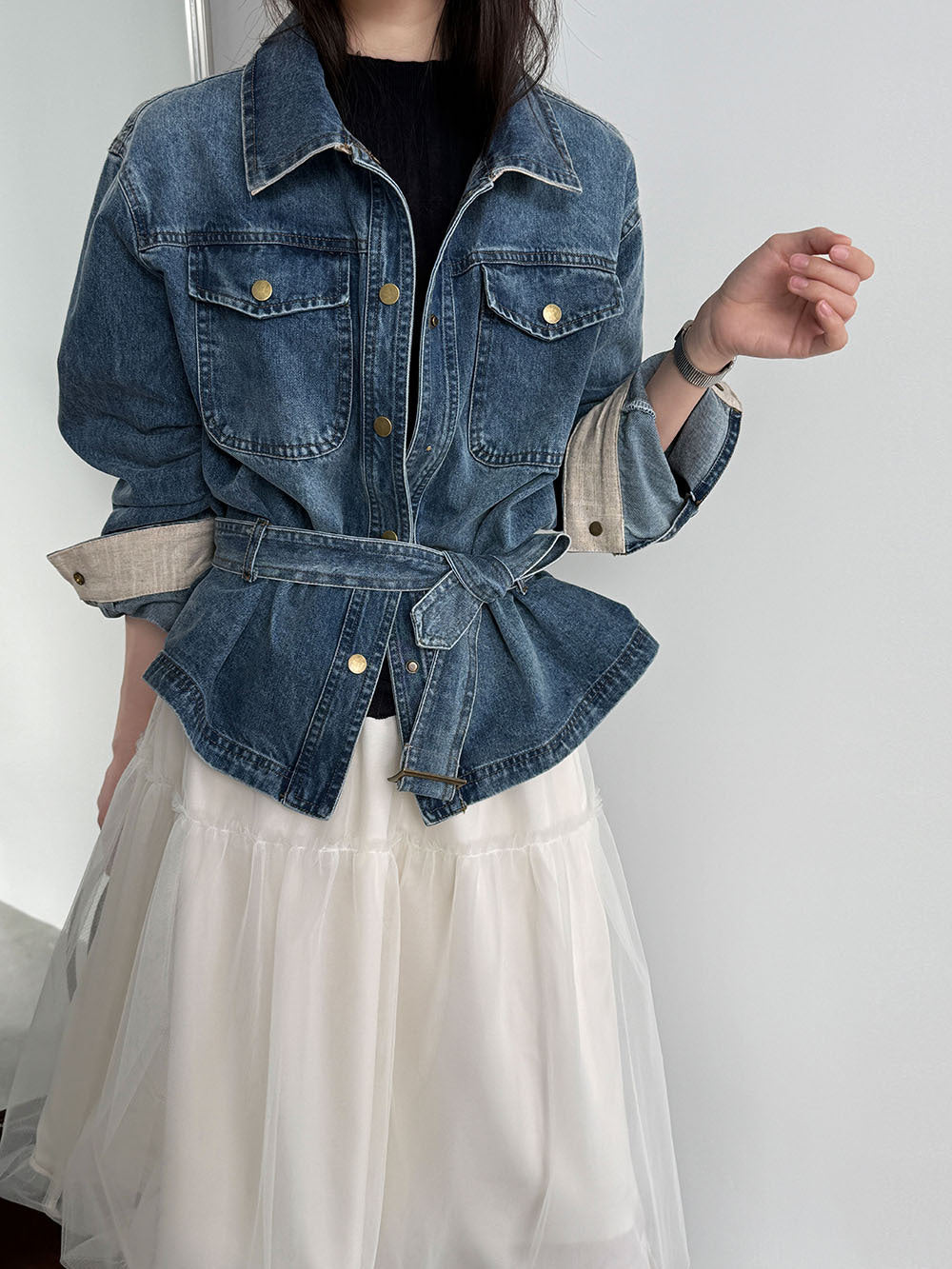 復古水洗翻領繫帶收腰牛仔夾克外套