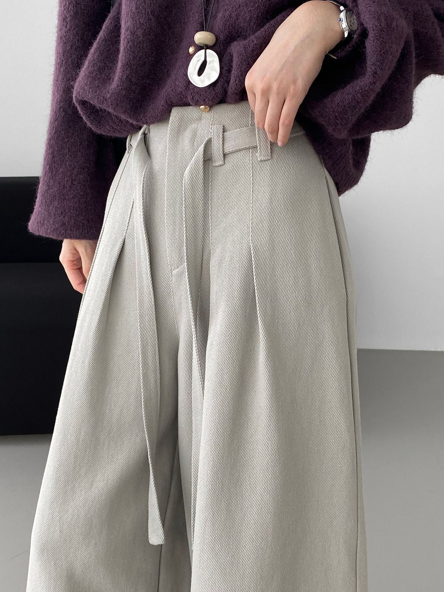 韓系簡約天絲棉繫帶闊腿褲-2色