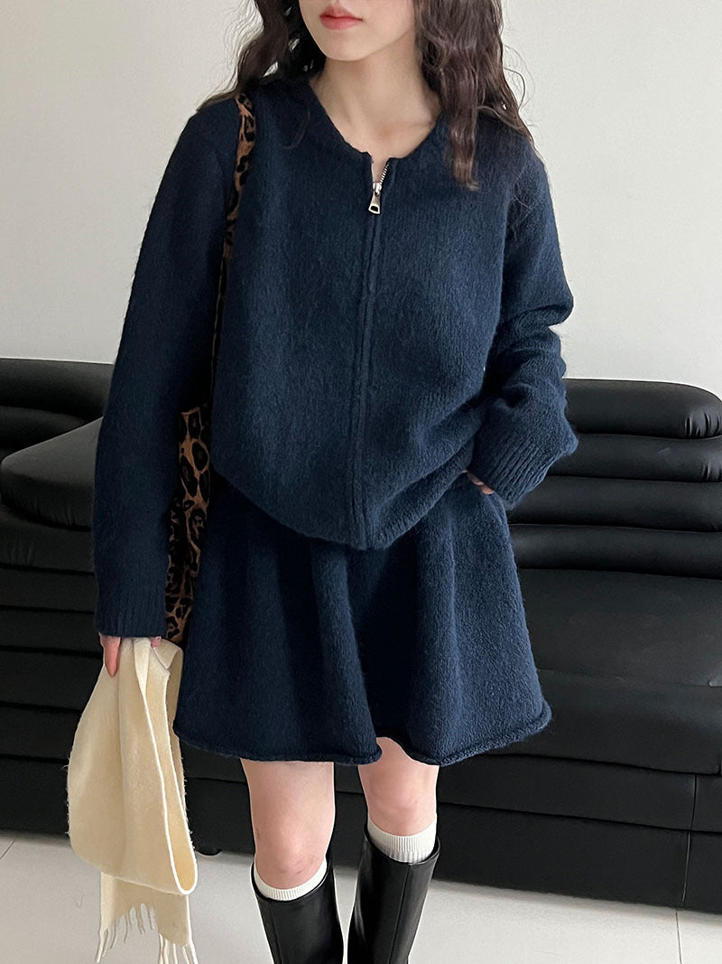 韓系軟糯休閒針織毛衣+卷邊A字短裙-兩件式套裝-3色