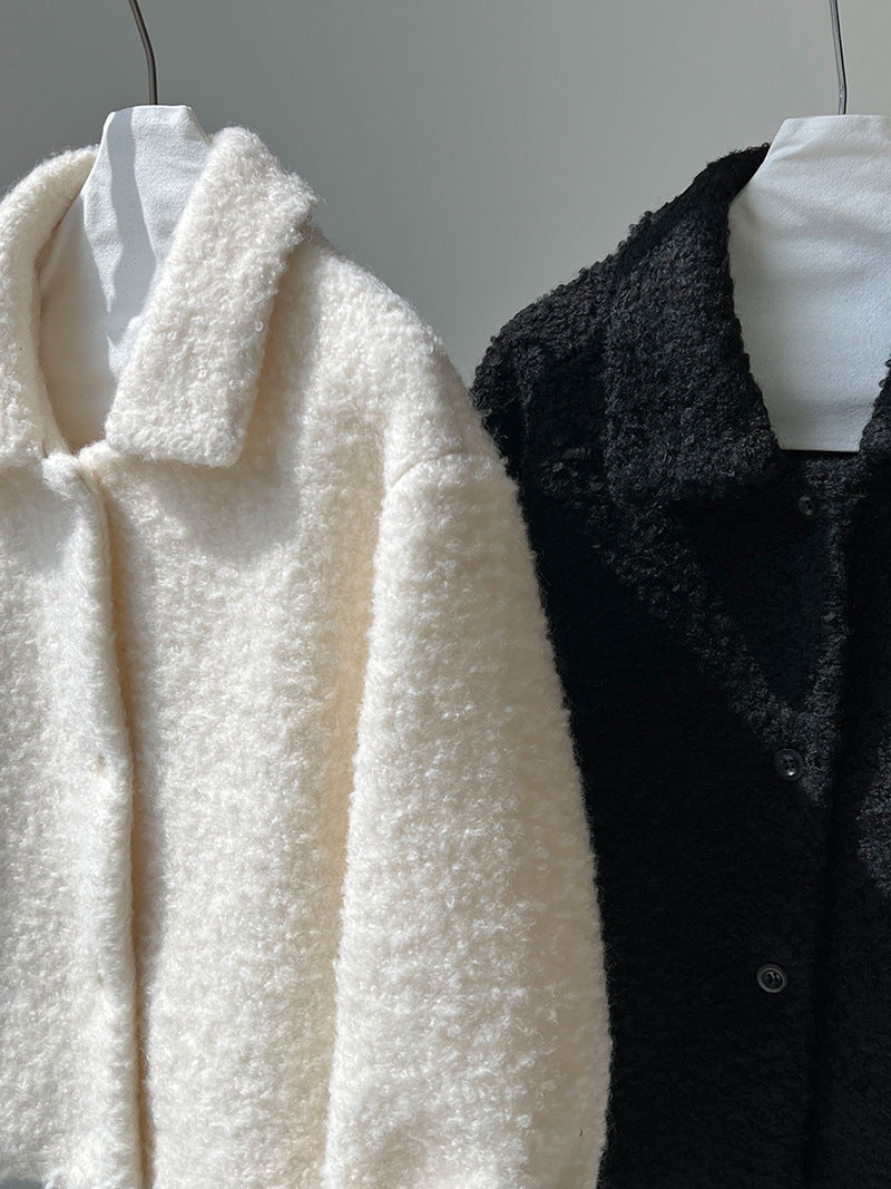 韓版單排扣短款羊羔毛翻領外套-2色