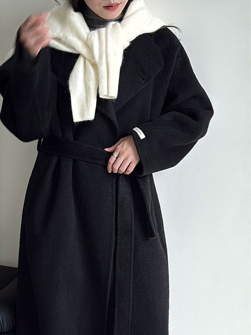 韓版慵懶斜扣領長款雙面呢羊毛大衣外套-3色