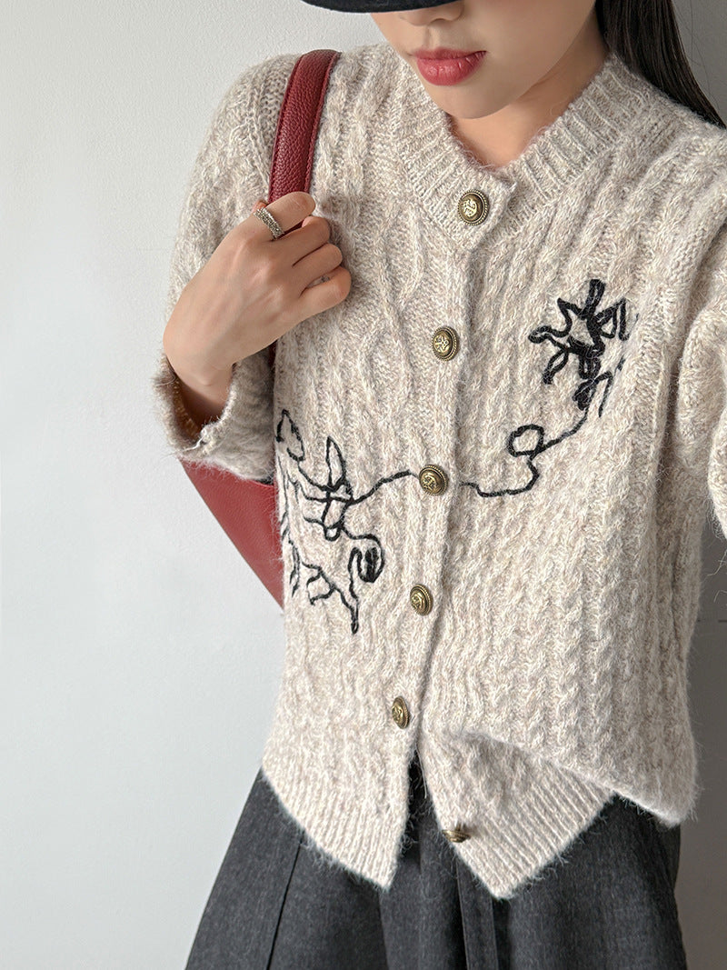 小眾刺繡軟糯長袖針織開衫-3色