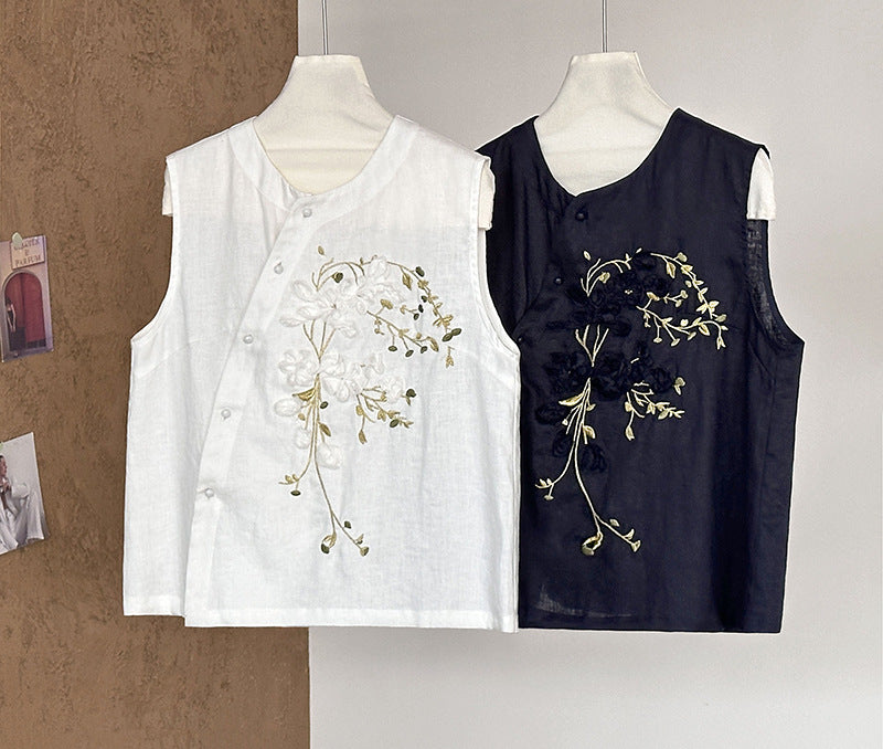 韓系刺繡新中式亞麻無袖馬甲-2色