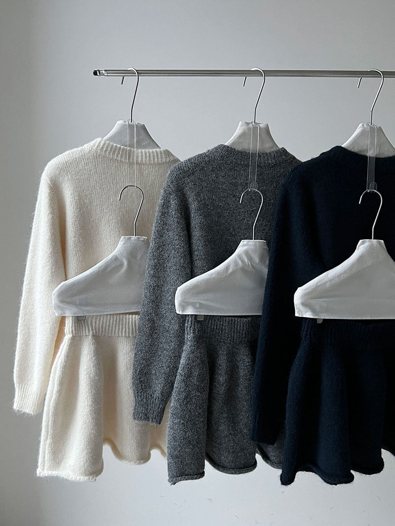 韓系軟糯休閒針織毛衣+卷邊A字短裙-兩件式套裝-3色