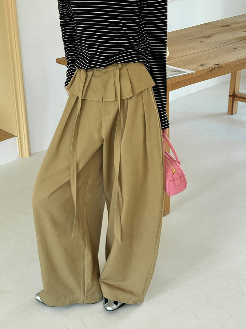 韓系假兩件花邊拼接屁簾西裝闊腿褲-4色