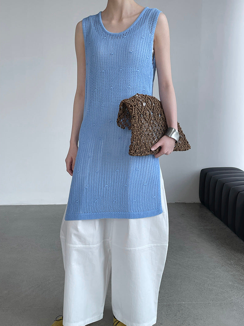 韓系側開叉圓領疊穿鏤空中長背心連身裙-4色