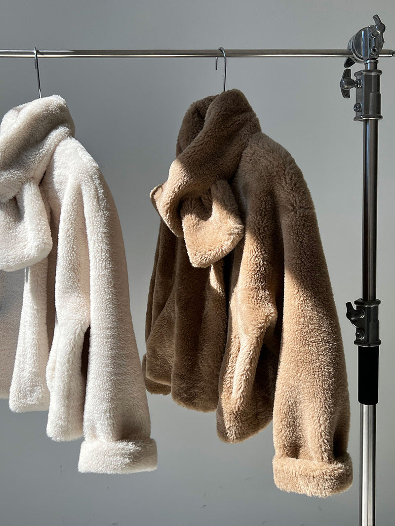 保暖毛絨皮草羊羔毛外套+圍巾-2色