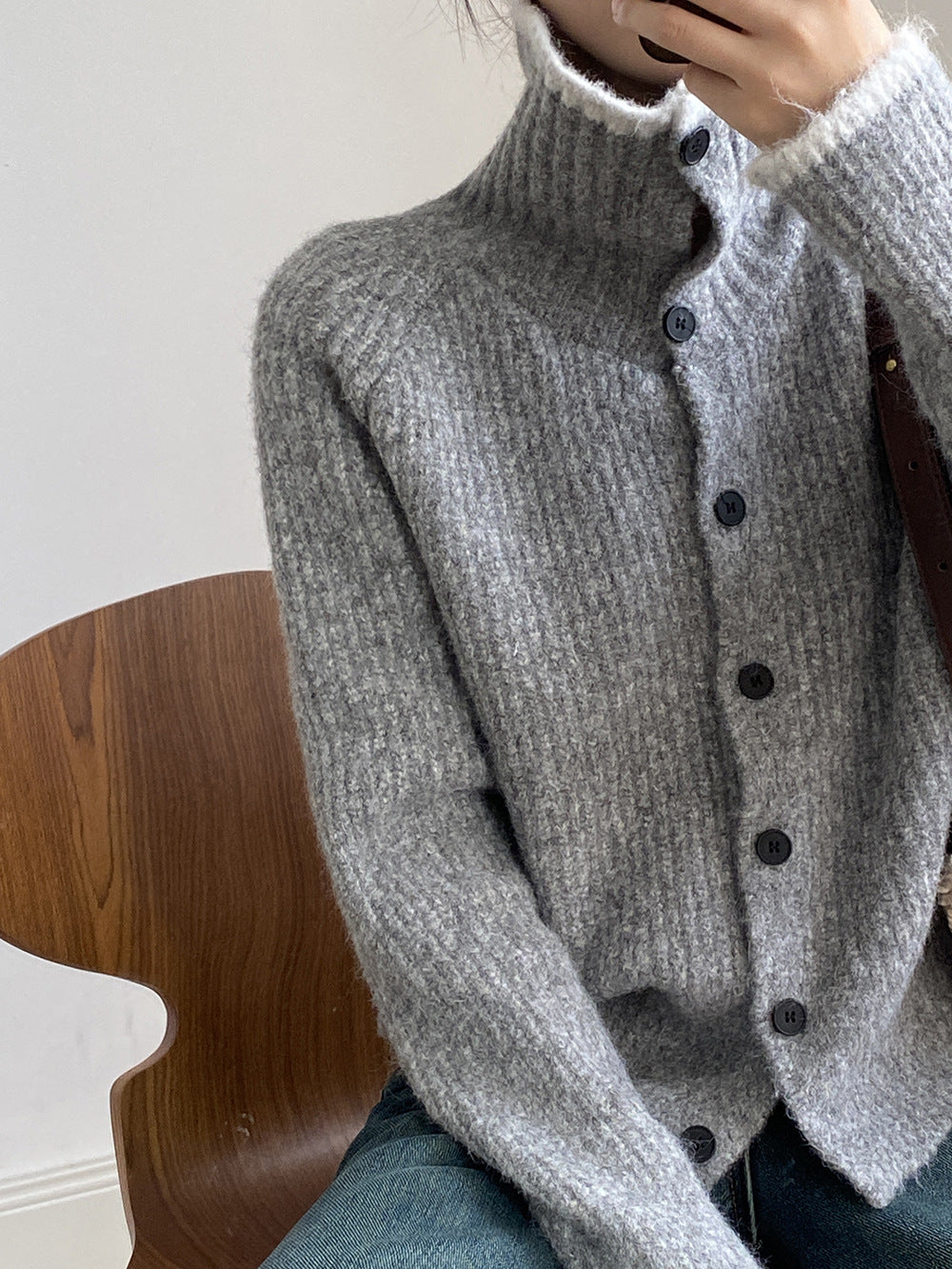 (48H出貨)韓系慵懶撞色翻領單排扣毛衣開衫外套-4色