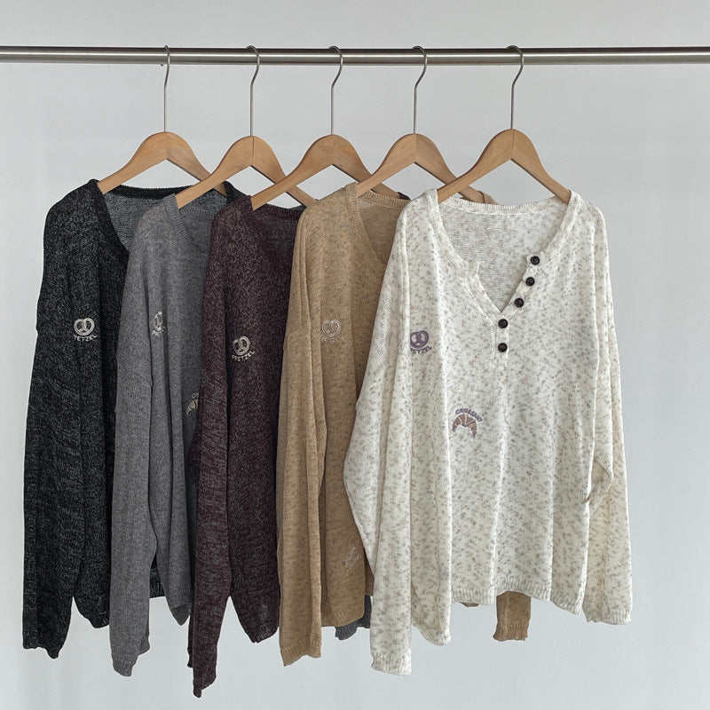 韓系鬆弛感刺繡半開V領長袖針織衫-5色