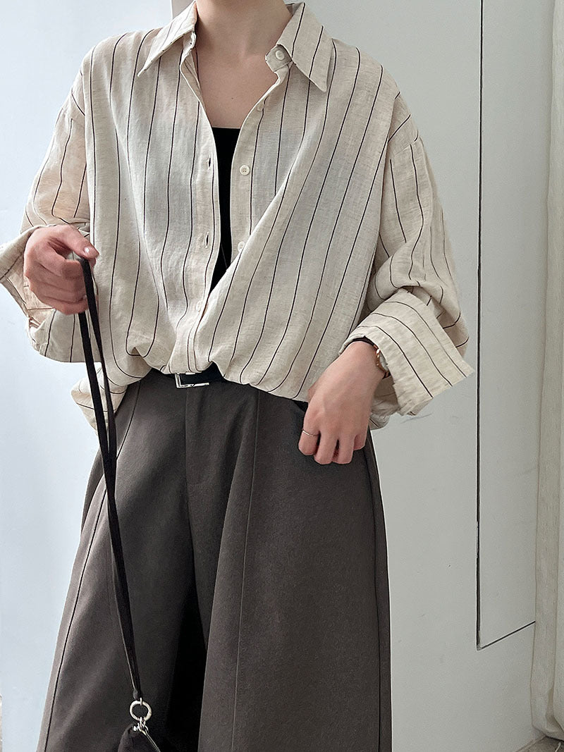 質感老錢風休閒條紋亞麻長袖襯衫外套-2色