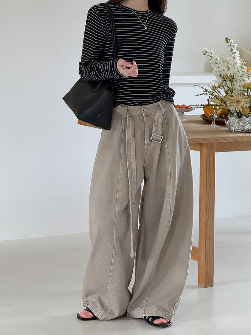 韓系復古高腰寬鬆顯瘦闊腿牛仔褲+腰帶-3色