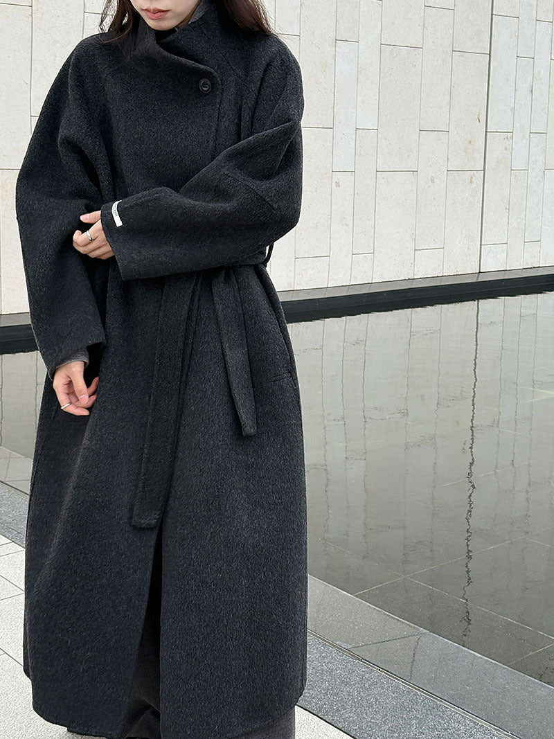 韓版慵懶斜扣領長款雙面呢羊毛大衣外套-3色