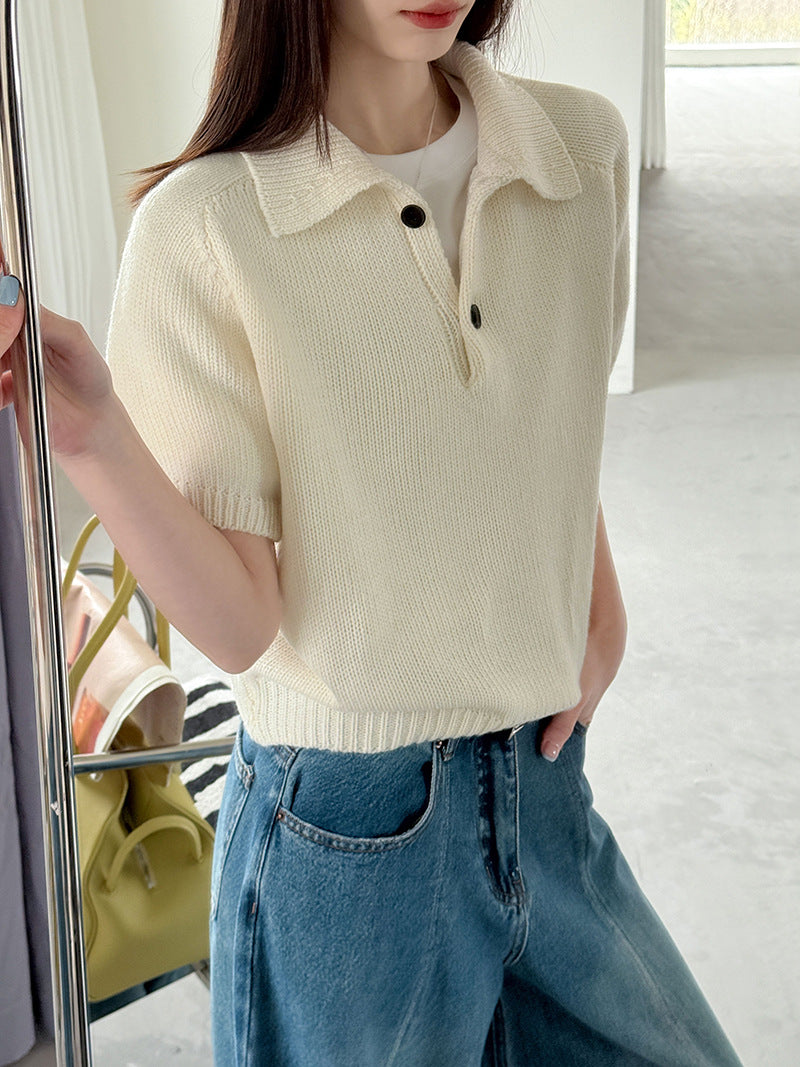 韓系氣質疊穿簡約Polo領針織顯瘦短袖毛衣-3色